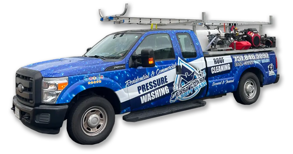 A blue East Coast Soft Wash pressure washing truck.