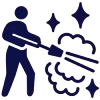 A small digital icon of a worker using a pressure washer, with sparkles around them to represent cleaning and sanitation.