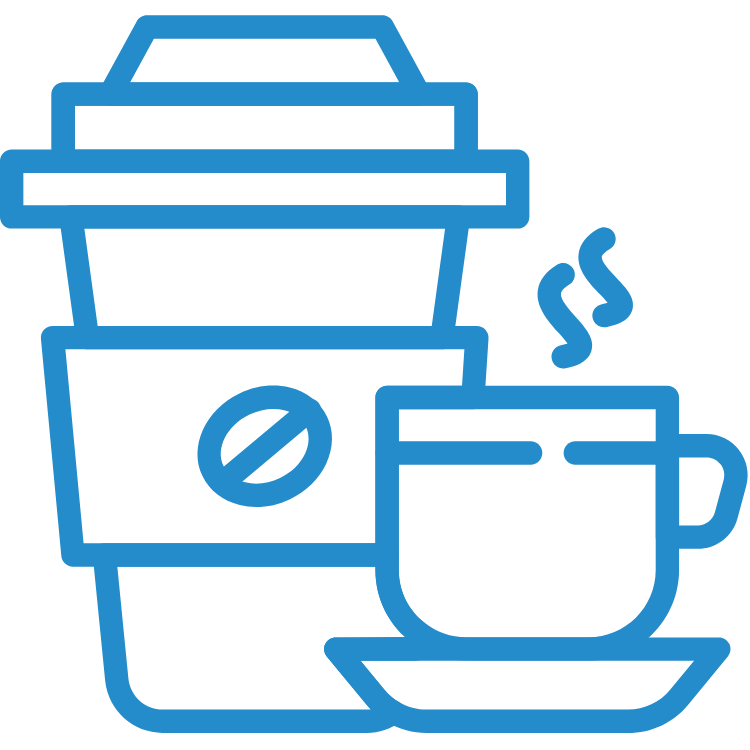 A blue digital icon of a disposable coffee cup and a steaming mug on a saucer, symbolizing coffee or beverages.