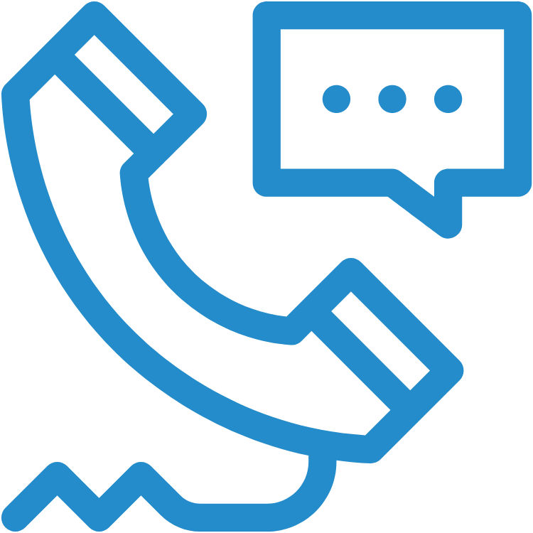 A blue icon depicting a phone receiver with a chat bubble above it, representing communication and customer support.