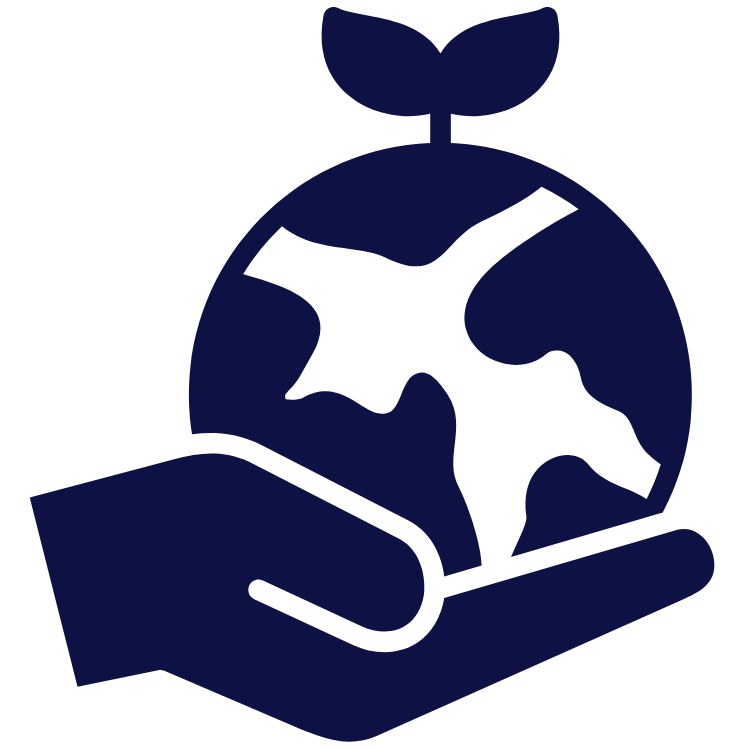 A dark blue icon of a hand cradling the Earth, with a leaf sprouting from the top, symbolizing environmental sustainability.