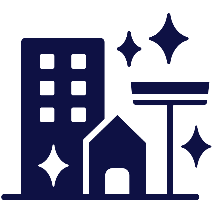 A dark blue icon of a residential and commercial building with sparkles, indicating professional cleaning services.