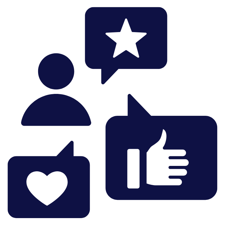 A dark blue icon showing a person with symbols of a star, a heart, and a thumbs-up, representing social media engagement or reviews.