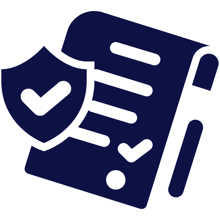 A dark blue icon showing a document with a checkmark inside a shield, symbolizing security, verification, or compliance.